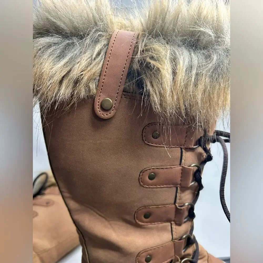 Esprit Edith Tan Faux Fur Lace-Up Winter Boots with Black Duck Sole